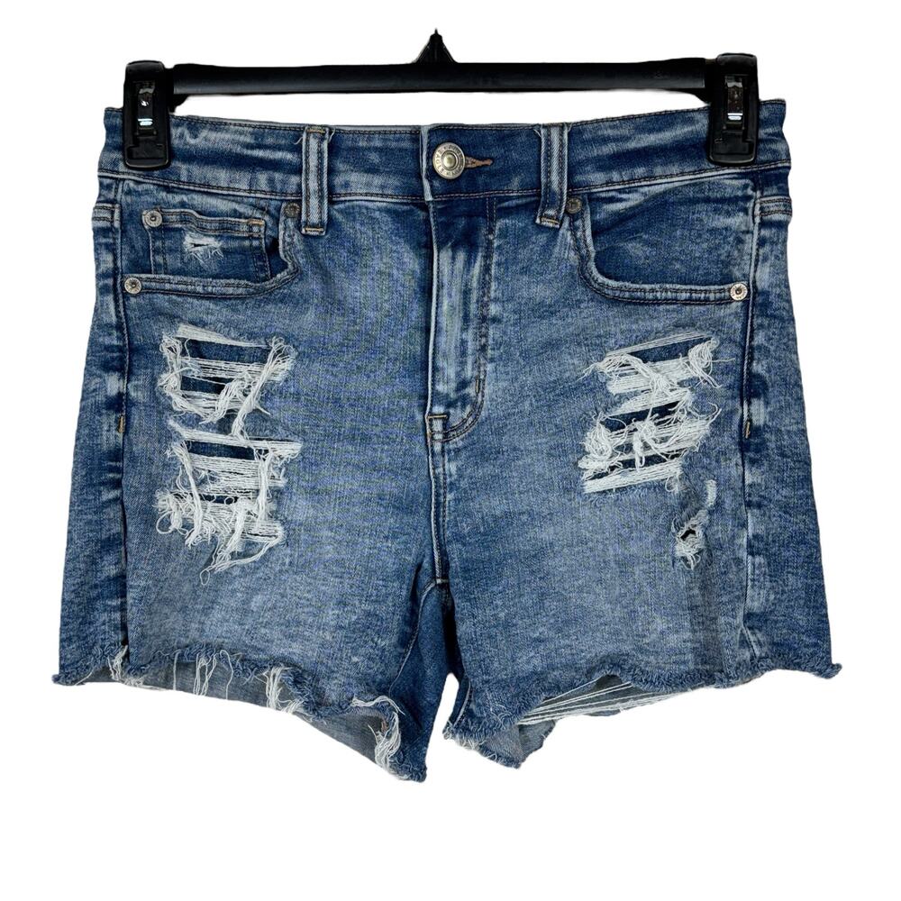 American Eagle SZ 8 Hi-Rise Shortie Jean Shorts Distressed Stretch Frayed Hems